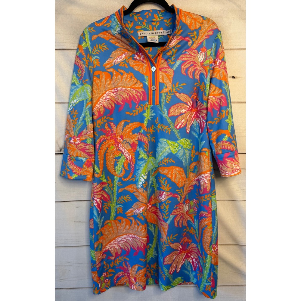 Gretchen Scott Women Blue Orange Tropical Palm Print Shift Dress Size M